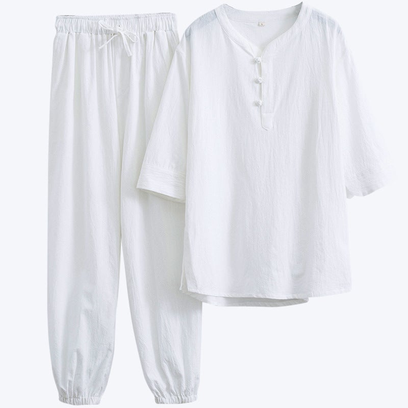 Summer Chinese Style Zen Clothing Tea Clothing Linen Shirt Suit Chinese Tang Suit Hanfu Cotton And Linen Taoist Clothing Two-Piece Set - Image 2